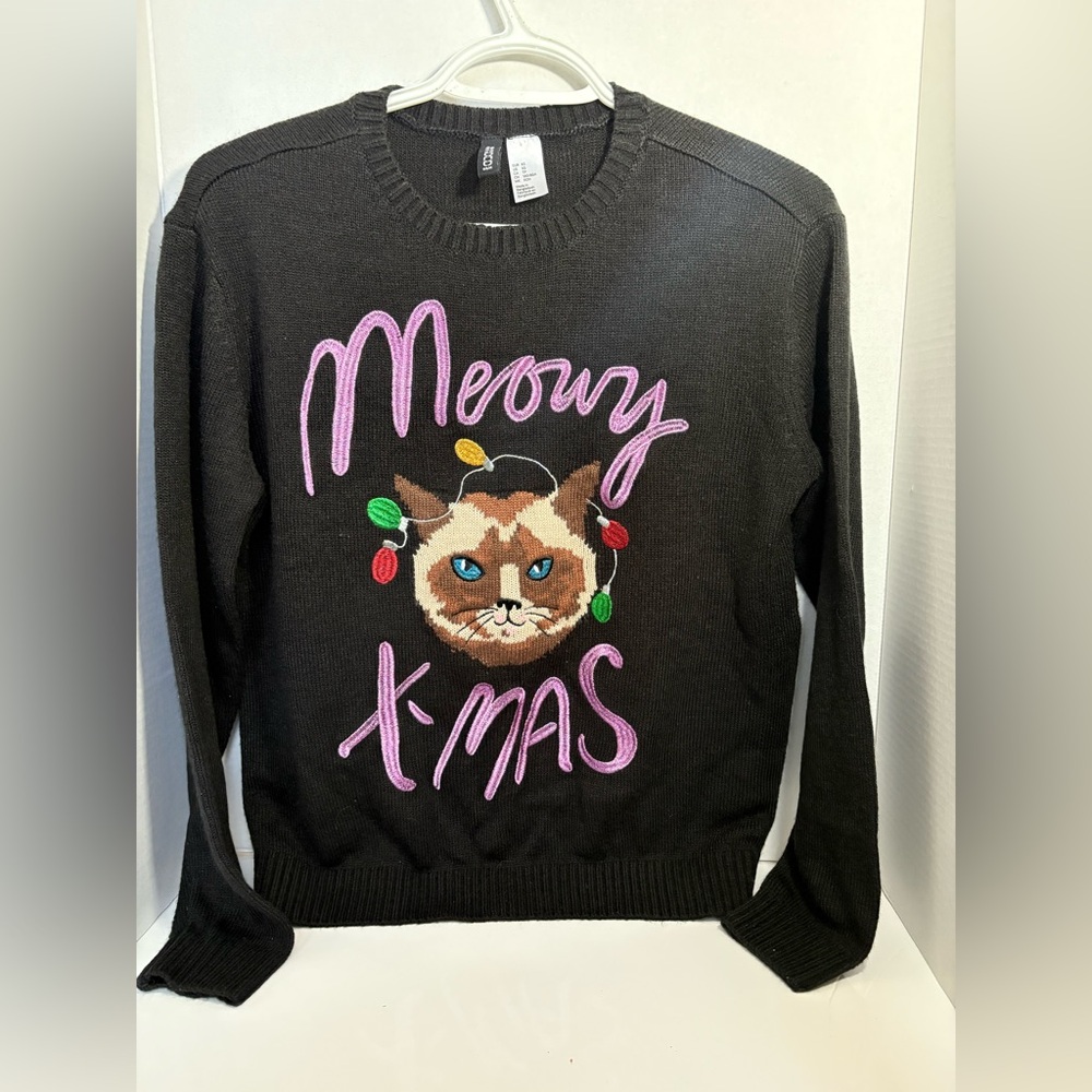 H&M “Meowy X-Mas” Cat Ugly Christmas Sweater XS Black Holiday Lights